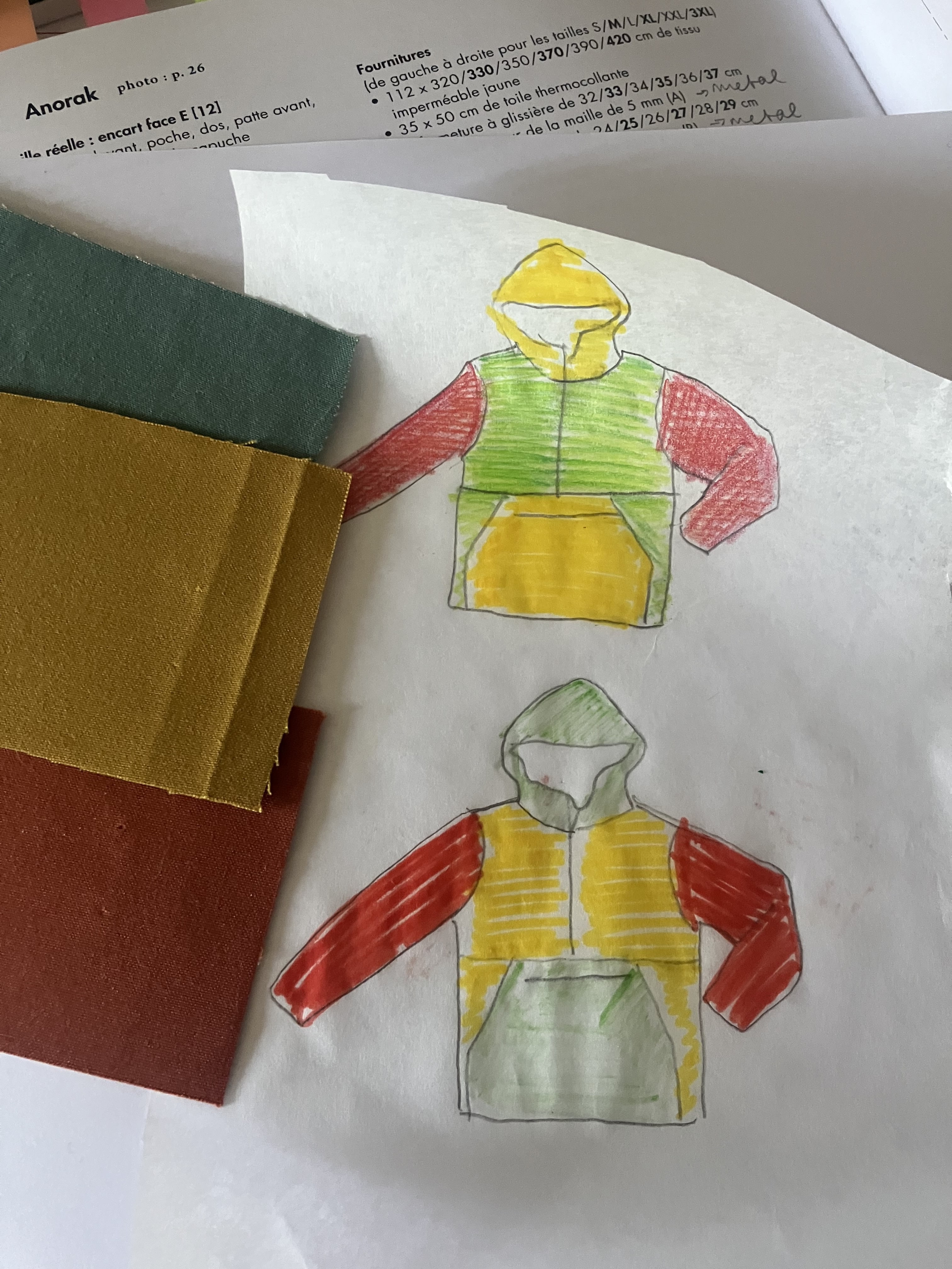 trois échantillons de tissu (vert tempête, jaune cumin, orange rouille), posés à côté de deux dessins d’anorak combinant les trois couleurs de manière différente