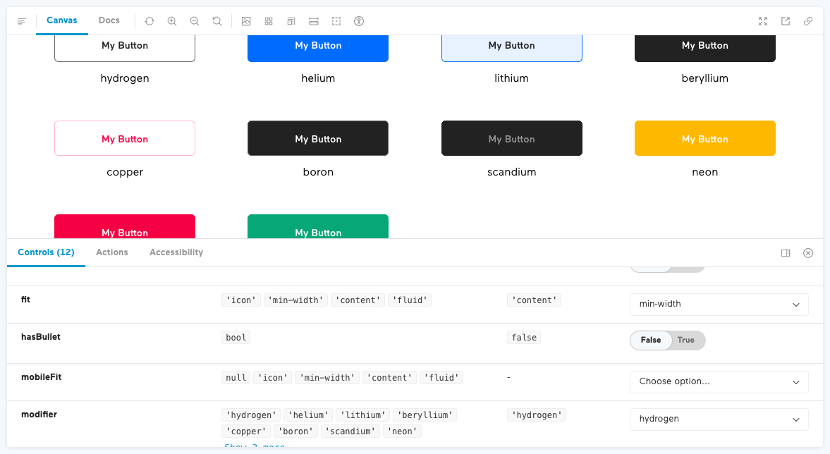 Interface du Storybook montrant les différentes variations du composant Button.