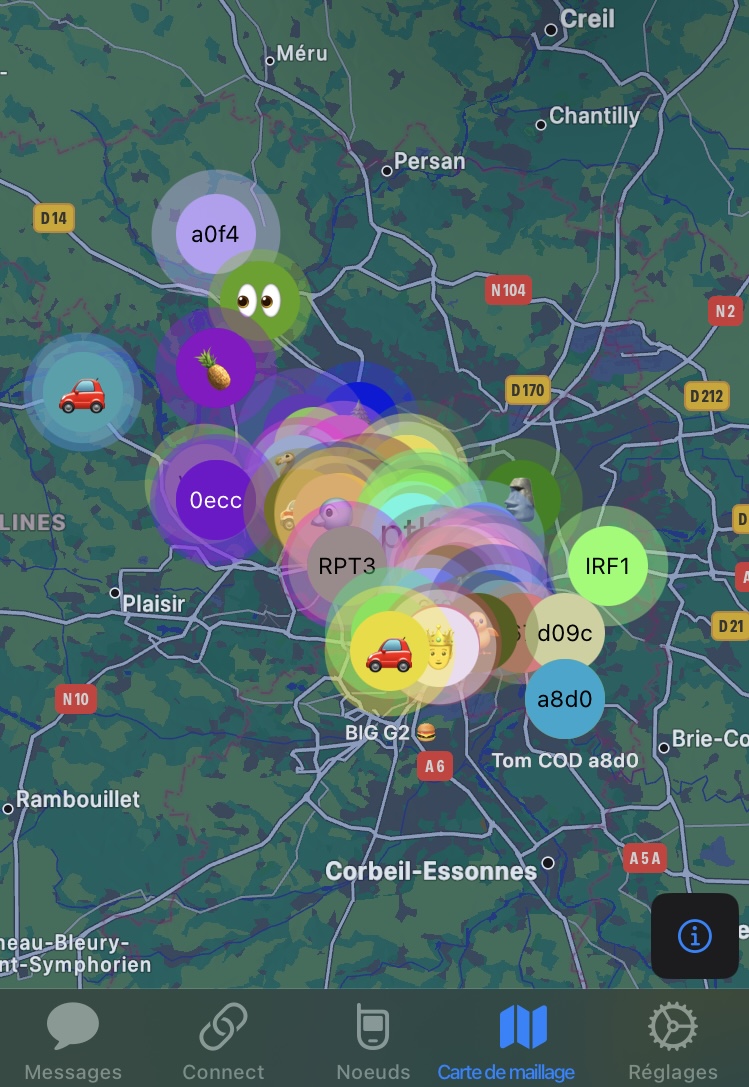 Capture d'écran mobile de la carte de l'Île de France, on voit entre 50 et 80 points de couleur diverse qui s'étendent entre le Vexin au nord-ouest et la Brie au sud-est.