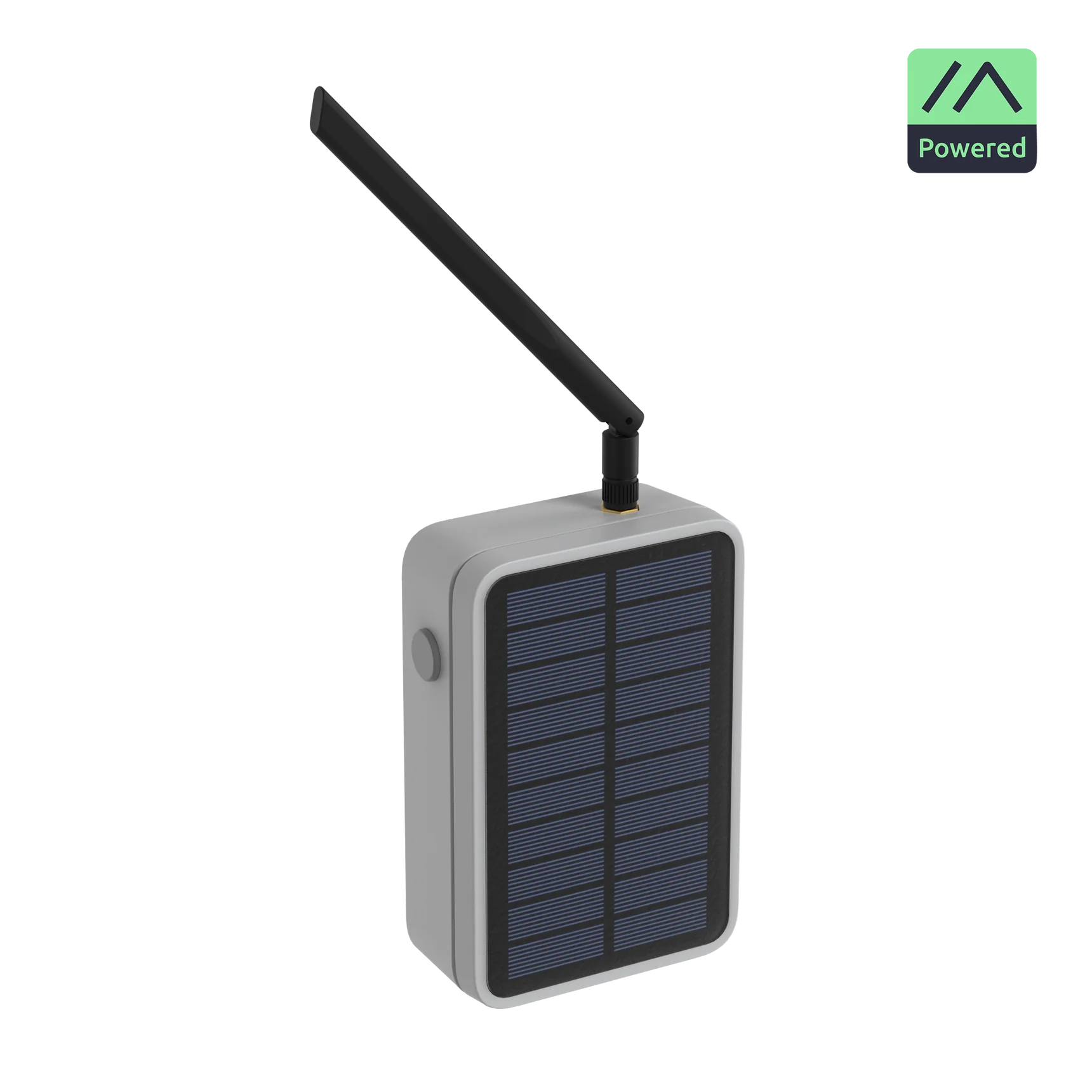 Une brique rectangulaire en plastique gris avec des angles arrondis, et un panneau solaire noir sur la grande face. Une antenne pliante s’échappe du dessus avec un angle qui semble dire 'Et moi, vous m’avez vue ?'.