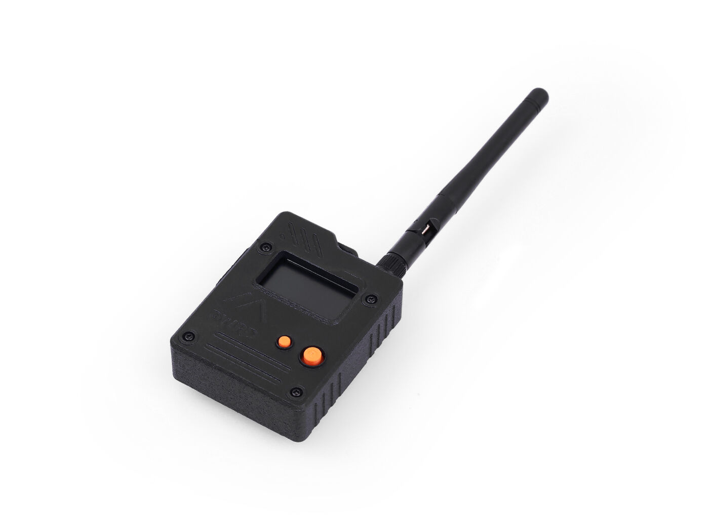 un boitier noir avec une antenne noir, l’ennui nous est épargné par la présence de deux boutons orange qui ont le chic de ne pas être de la même taille.