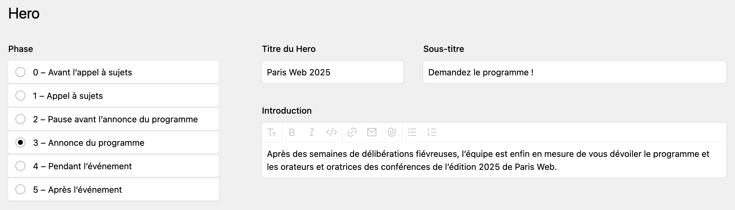 capture du fragment d’interface d’administration du site de Paris Web, qui gère la succession des étapes de la page d’accueil